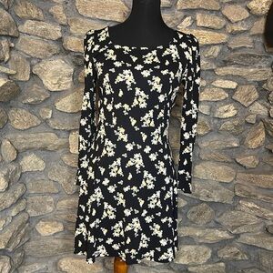 LOFT Black Floral Long Sleeve Dress